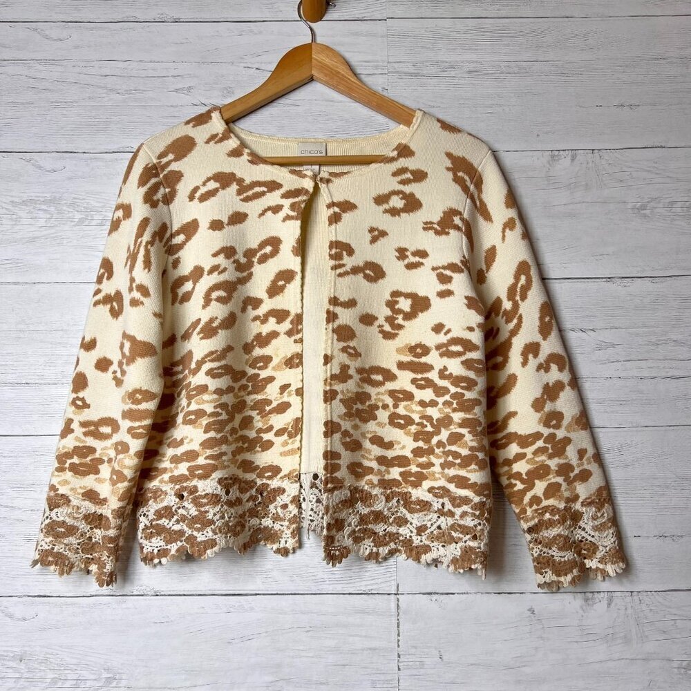 Chicos Sweater Womens Size 1/M Cheetah Lace Hem Charlee Cardigan 100% Cotton